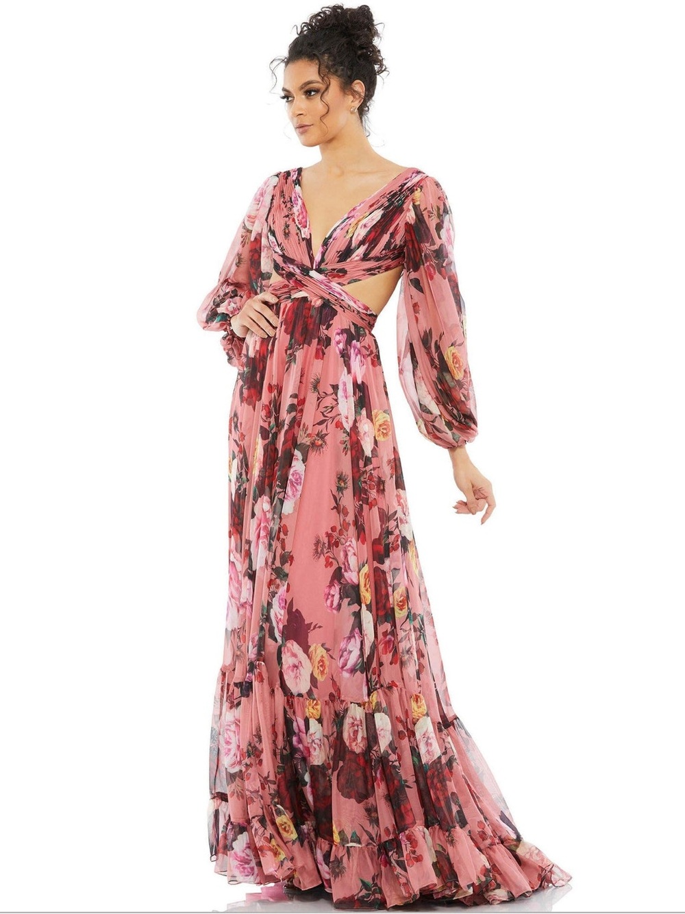 Mac Duggal Pink Floral Long Sleeve Cutout Gown